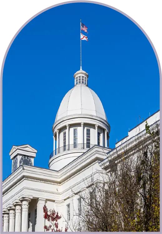 The tower and flag pole of the Montgomery State Capitol